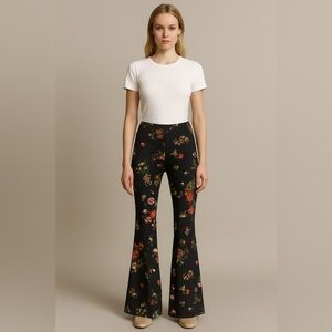 Floral Black Women's Stretchy Activewear Bell Bottoms Flare High Waisted Pants